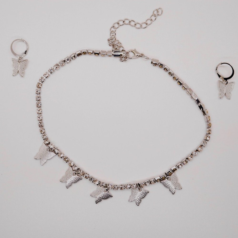 Silver butterfly necklace and earring set